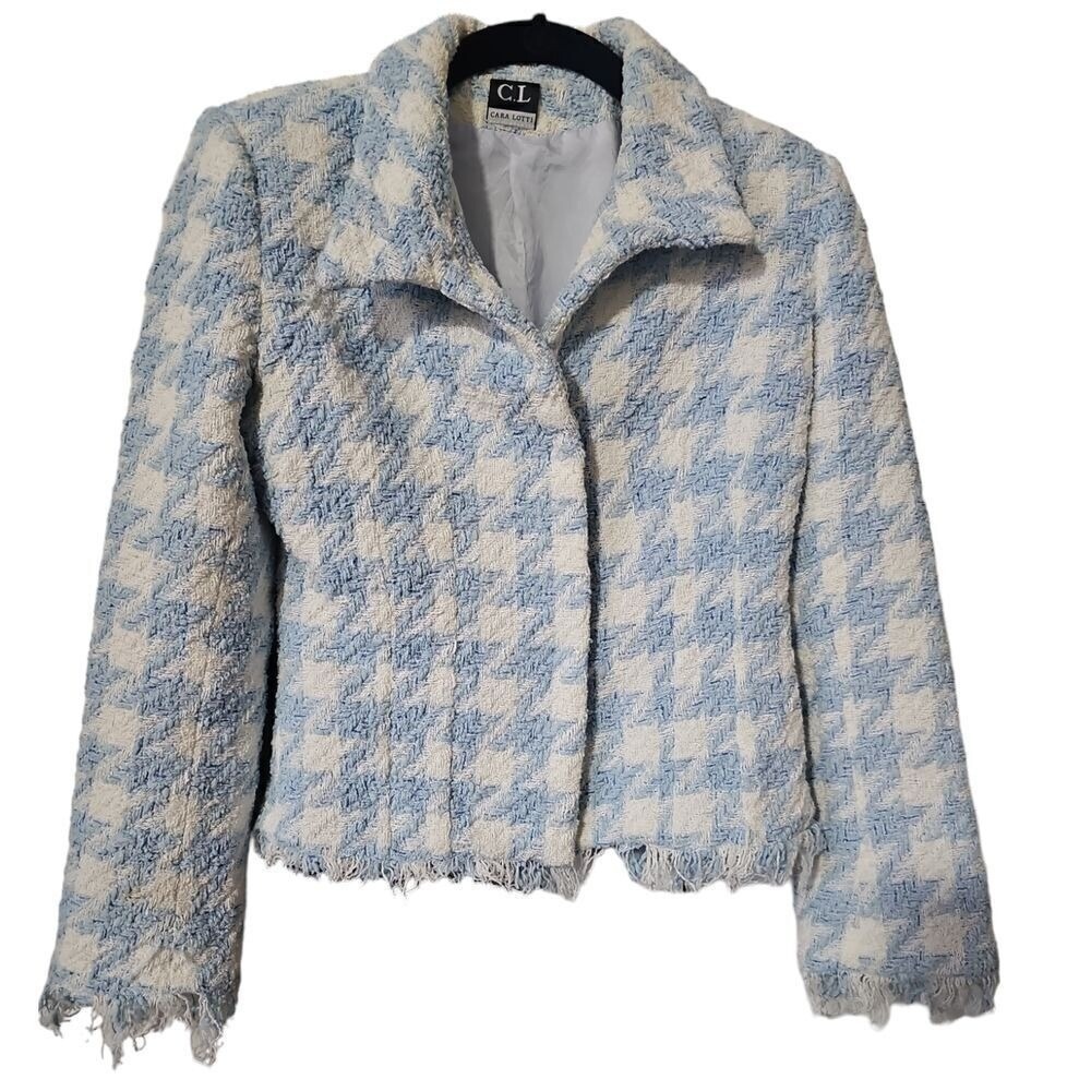 Vintage Carl-Lotti Paris Blue White Houndstooth Tweed‎ Jacket XS 4P Made France
